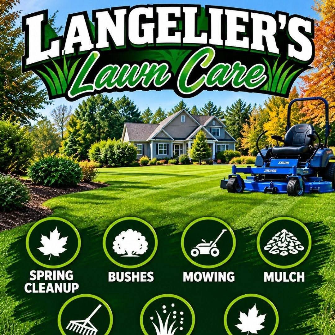 Langelier's Lawn Care brand graphic with service icons: Spring Cleanup, Bushes, Mowing, Mulch